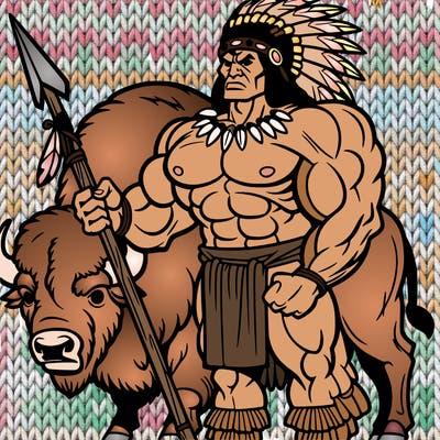 muscular indian tribe leader holding a spear standing on a baffalo