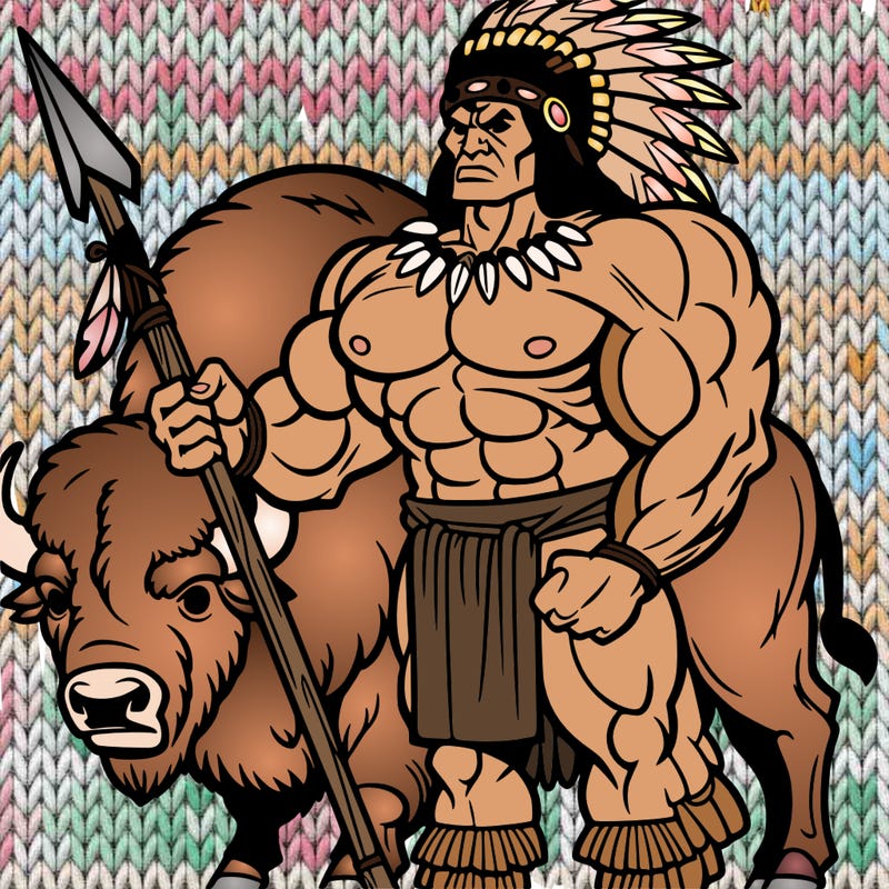 muscular indian tribe leader holding a spear standing on a baffalo