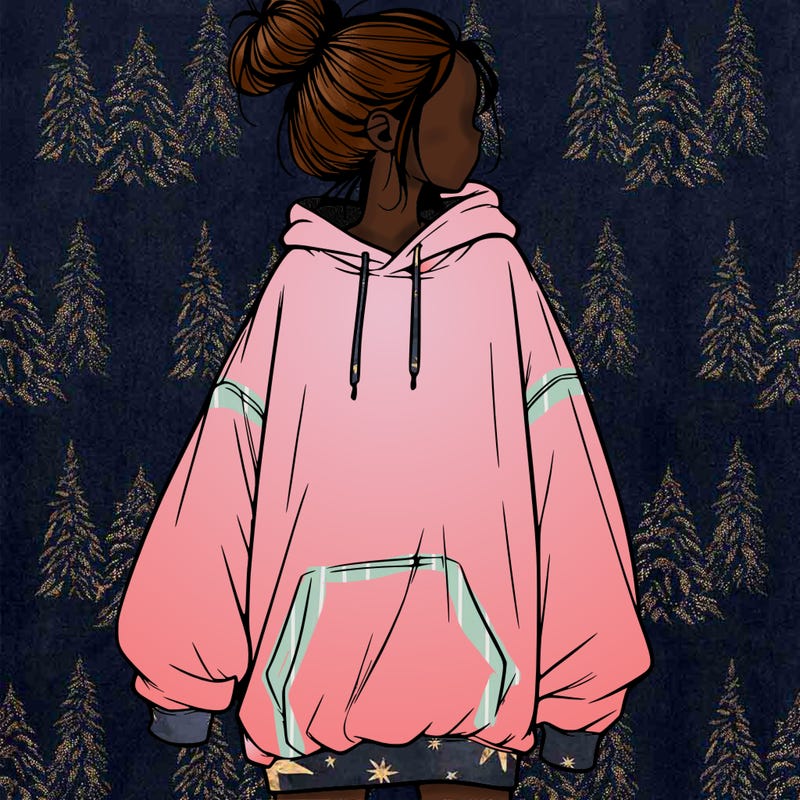 realistic girl with a oversized sweatshirt on and a bun