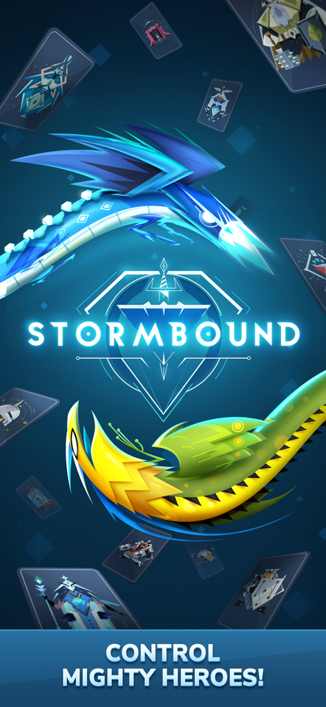 Logo du jeu mobile Stormbound avec deux dragons et des cartes de bataille flottantes