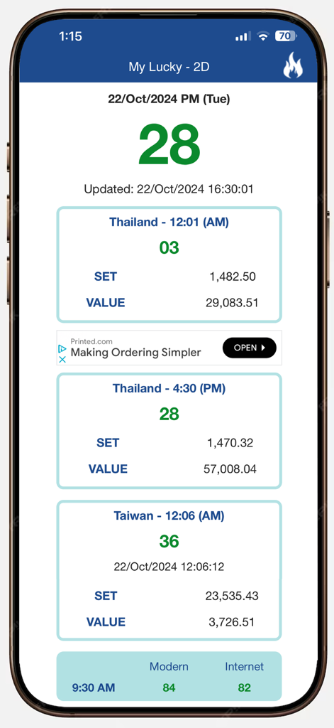 My Lucky 2D 3D - Mobile App-Oberfläche mit Echtzeit-Myanmar 2D-Lotterieergebnissen und Börsendaten aus Thailand und Taiwan