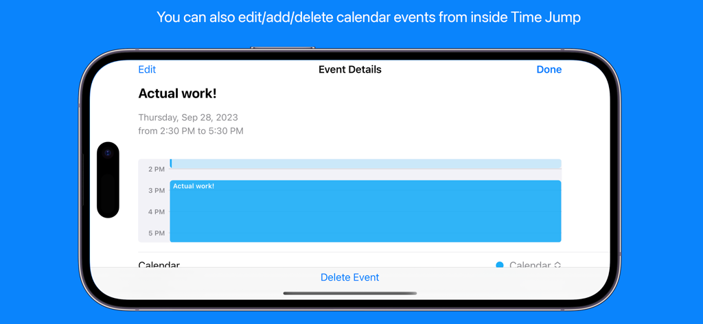 Time Jump - Date Calculator - Una captura de pantalla de la aplicación Time Jump que muestra detalles de eventos del calendario y opciones de edición en un iPhone