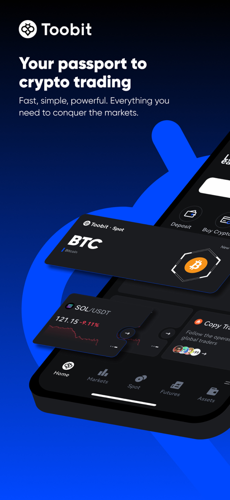 Toobit: Buy BTC, ETH & Crypto - Interface de l'application mobile Toobit présentant les fonctions de trading Bitcoin et Solana