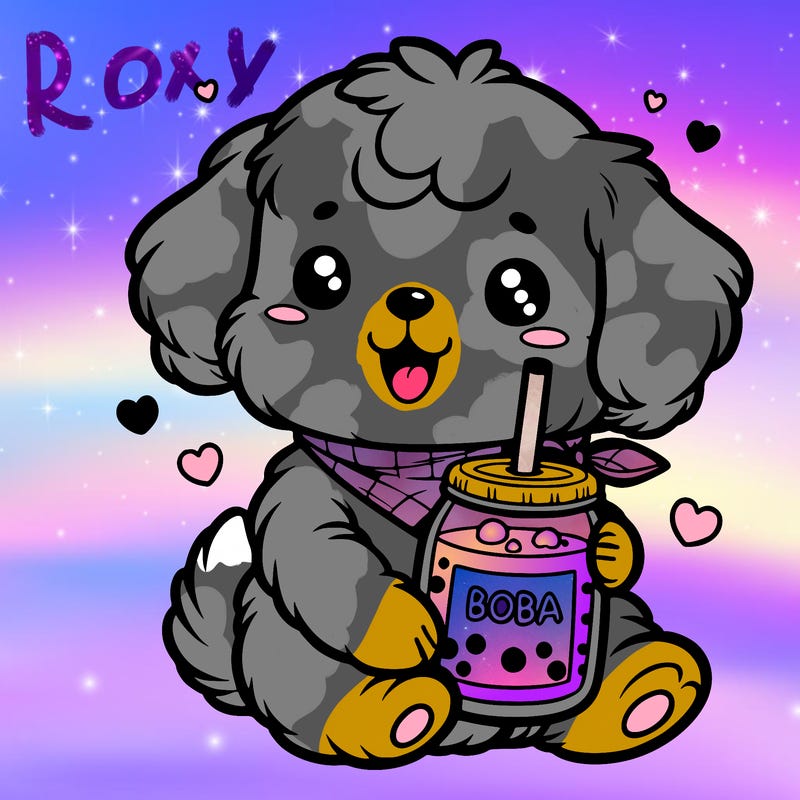 a cute puppy holding boba