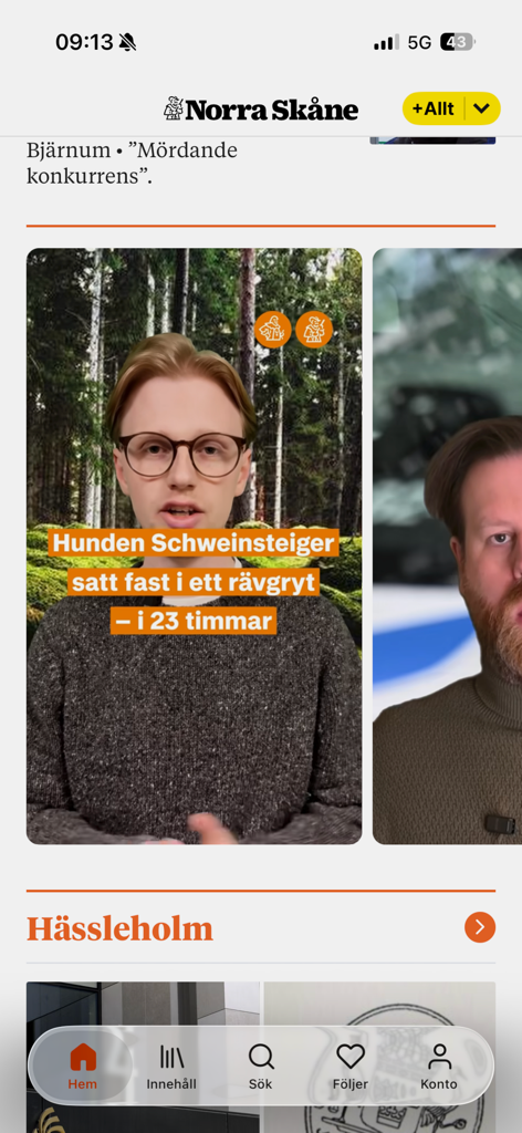 Norra Skåne - Norra Skane news app home screen showing local news from Hassleholm