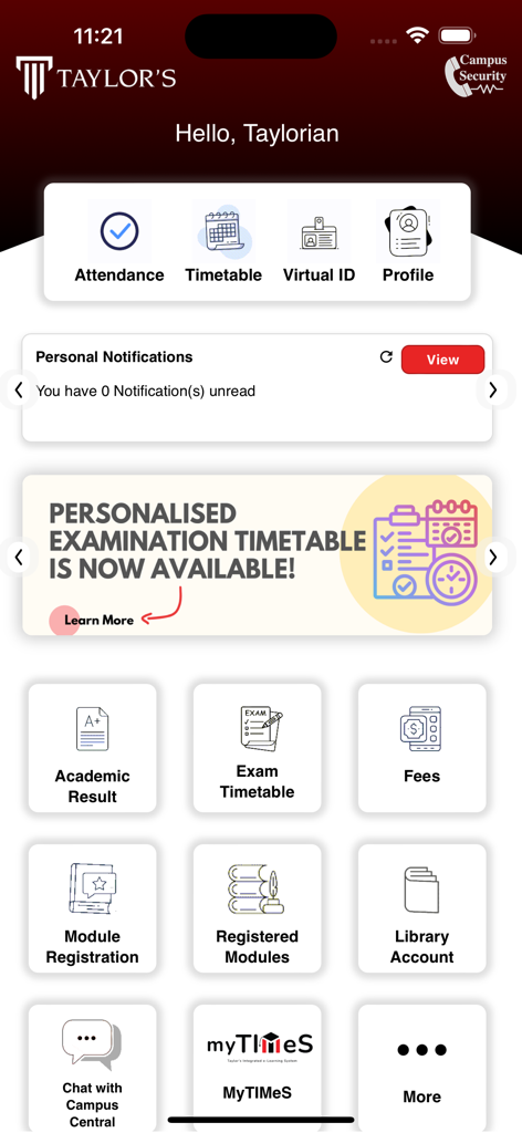 Taylor's Mobile - Dashboard of the Taylor's Mobile app showing student features like attendance timetable and academic results