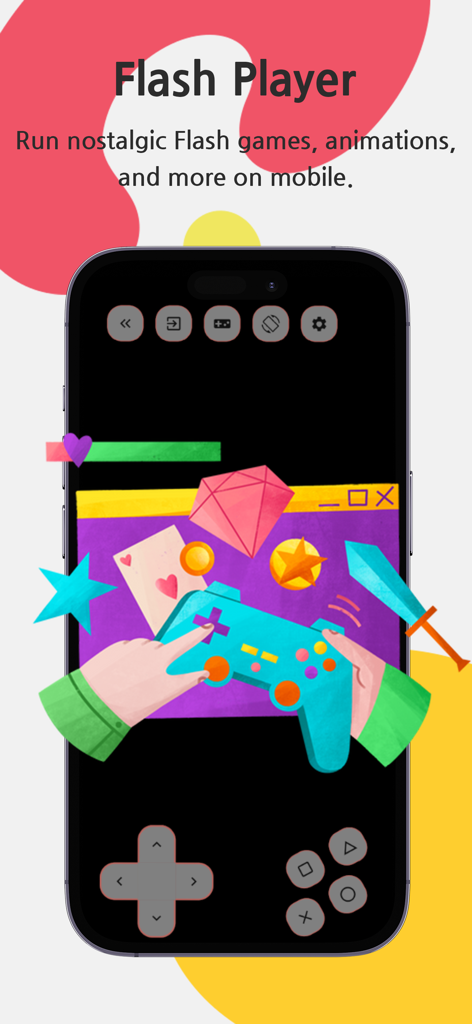 Aplicativo FlashArch Player mostrando controles na tela para jogar jogos Flash nostálgicos no celular