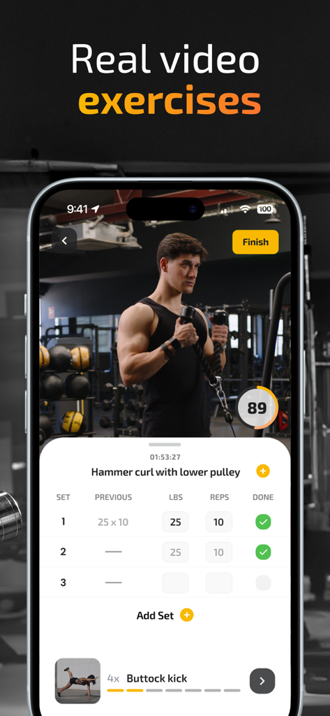 Interface of the FitKeeper app showing a video demonstration of a hammer curl exercise and a digital log to track sets and reps.