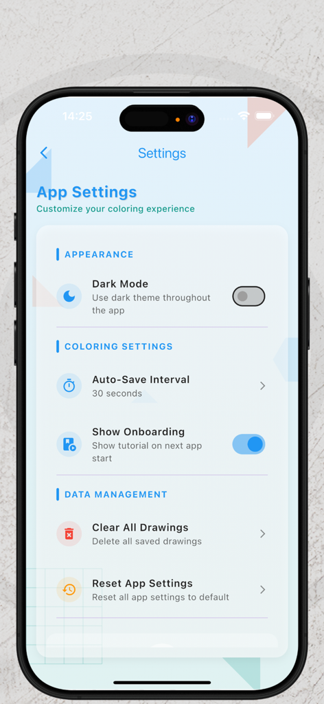 Menú de configuración de Coloración Geométrica GG que muestra las opciones de gestión de apariencia y datos