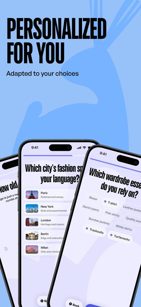 Écrans d'intégration de l'application Estyl montrant les préférences de style de mode et de garde-robe.