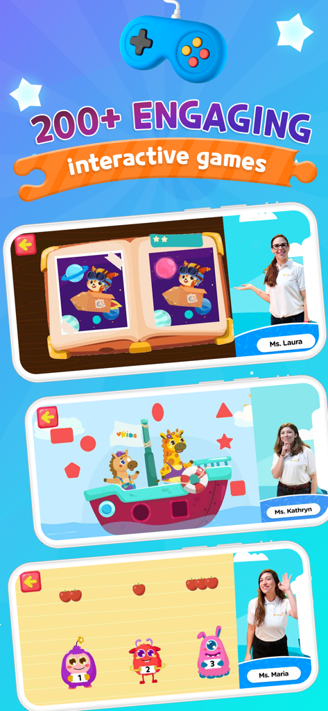 Preschool educational app interface showing interactive games for shape recognition and counting with human teacher guides