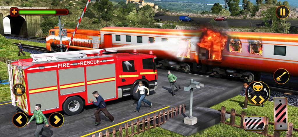 911 Emergency Fire Truck Team - Fire truck spraying water on a burning train in an emergency simulation game