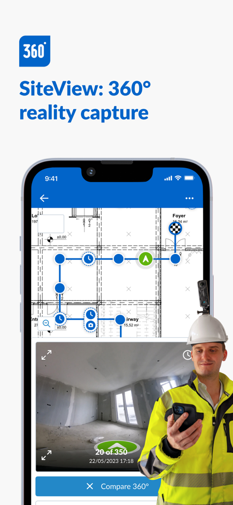 PlanRadar Construction Manager - PlanRadar app interface showing 360 degree reality capture feature with construction floor plan and site photo
