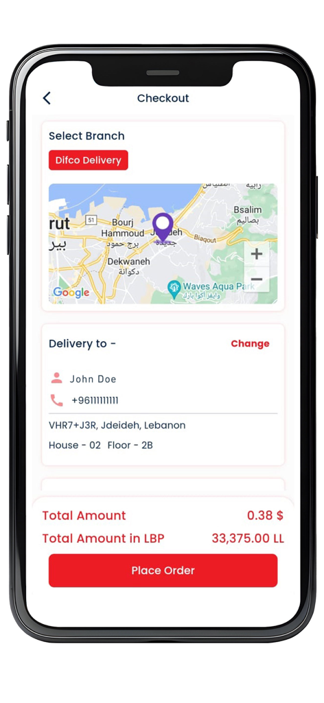 Difco Delivery - Difco Delivery mobile app checkout screen with order summary and delivery map
