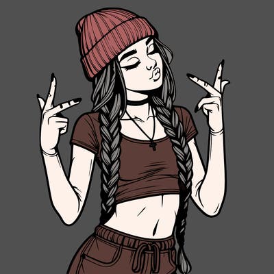 realistic teenage girl with braids and a beanie and crop top doing 🫶🏼