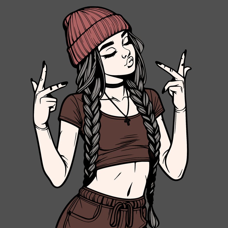 realistic teenage girl with braids and a beanie and crop top doing 🫶🏼