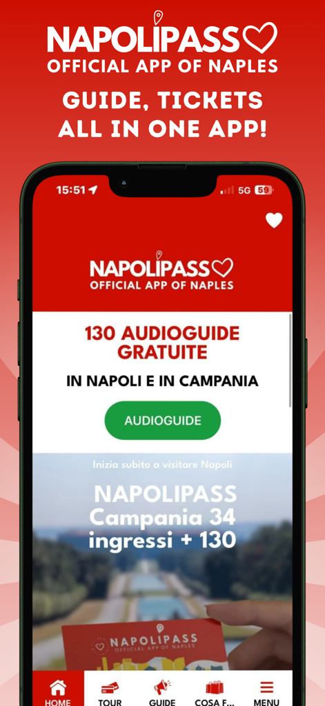 Interfaccia dell'app mobile Napoli Pass che mostra audioguide gratuite e opzioni di biglietti per musei per Napoli e la Campania