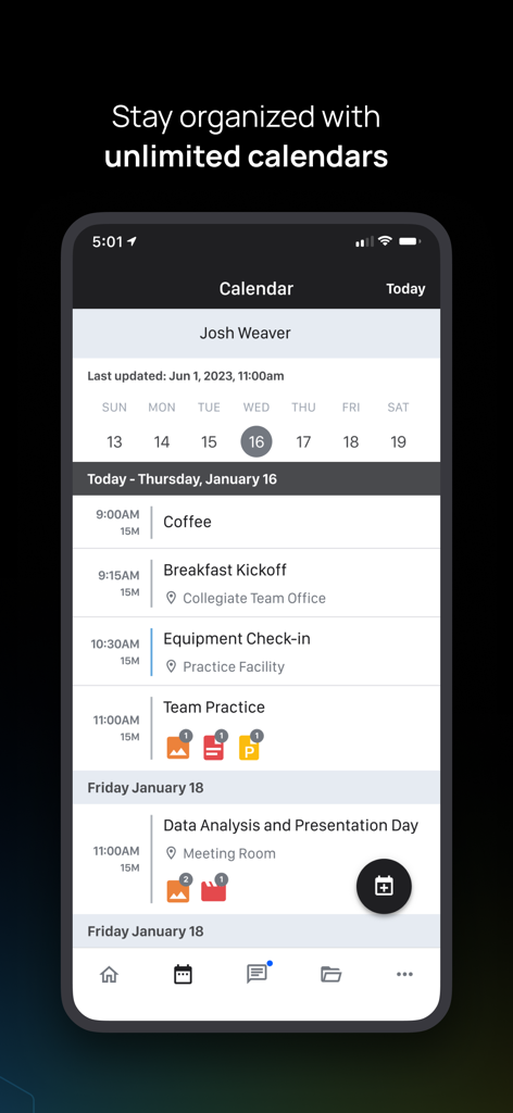 Mobile app interface of Teamworks showing a detailed daily schedule for an athlete including practice and meetings