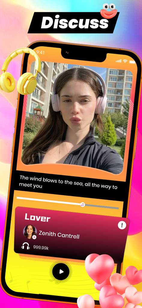 Video Chat，Online Share - Rliy - Interface de l'application Rliy présentant une publication vidéo avec un lecteur audio intégré et les détails du profil