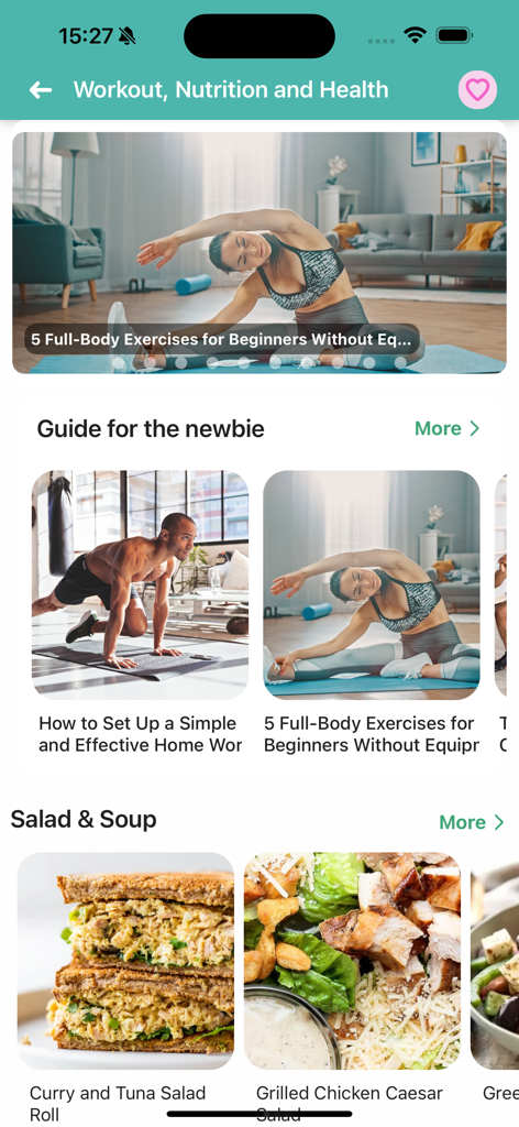 Arm Workout & Bicep Exercise#1 - Pantalla de aplicación móvil que muestra guías de entrenamiento en casa para principiantes y recetas de ensaladas saludables.