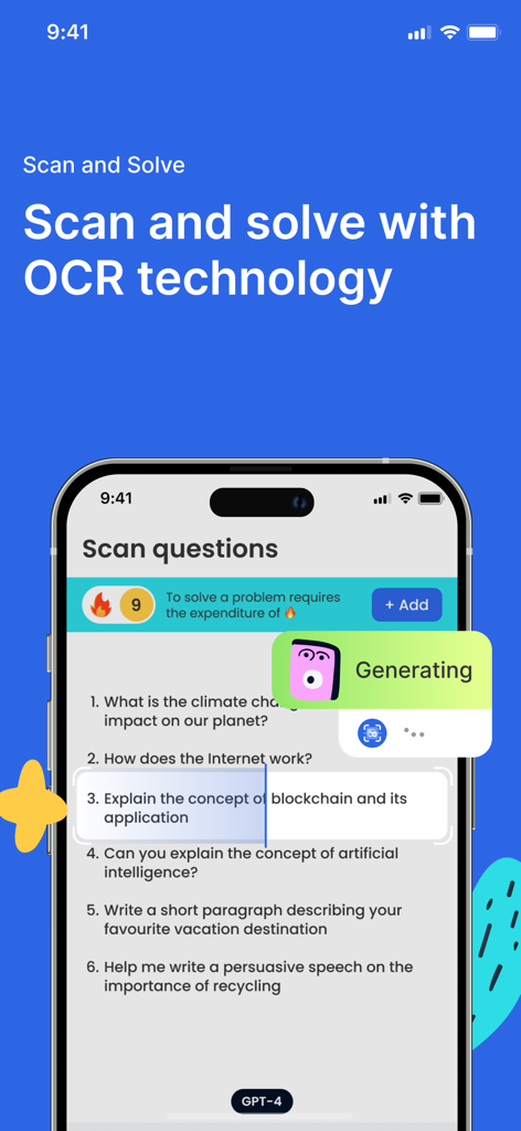 Answer AI app interface showing OCR technology scanning and solving academic questions.