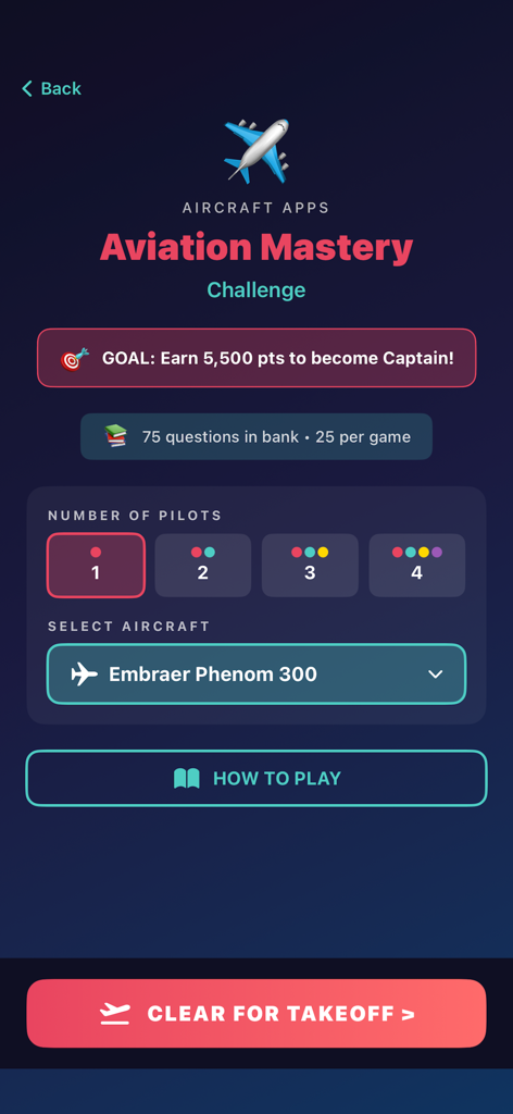 iEMBRAER Type Rating Prep - Aviation Mastery Challenge game setup screen for Embraer pilot training