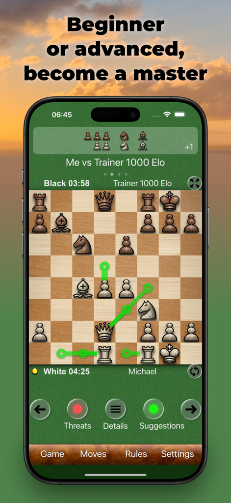 Chess Tiger Pro - Chess Tiger Pro app showing a chess game with move suggestions against a trainer.