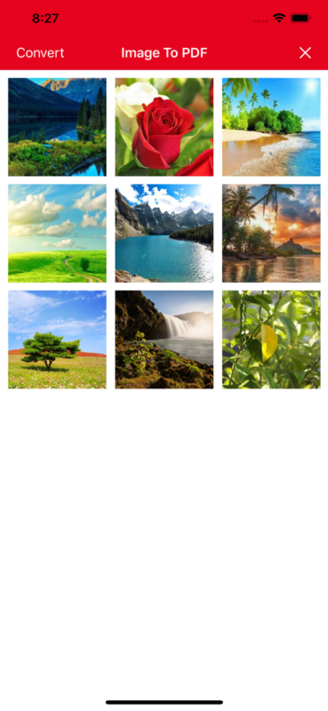 Convert Image To PDF tools - Interfaz de la herramienta de conversión de imagen a PDF que muestra la cuadrícula de selección de fotos