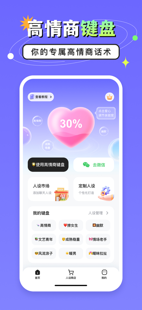 Mobile app interface for High EQ Keyboard showing various chat personas and relationship optimization tools
