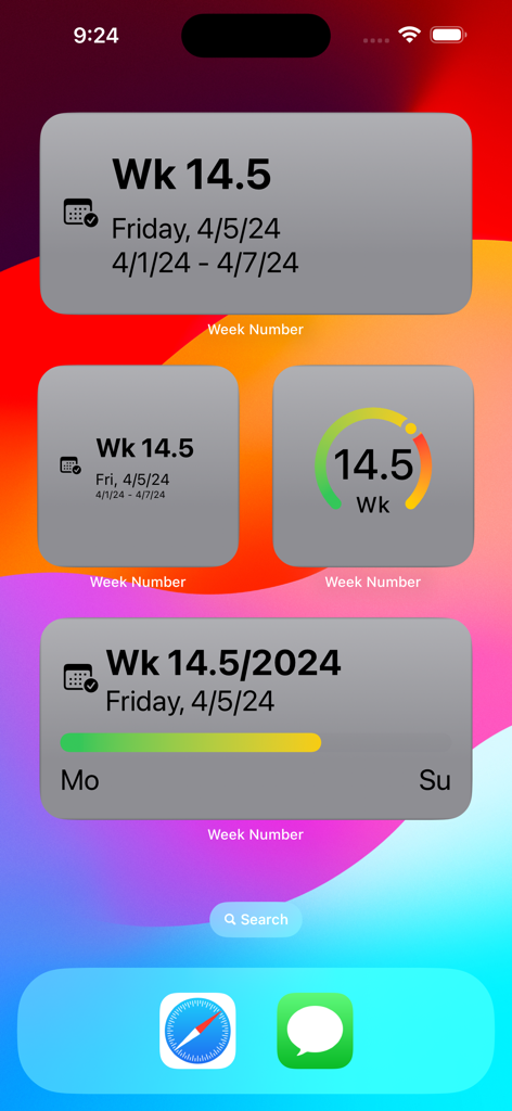 A variety of iPhone home screen widgets displaying the current week number and date range.