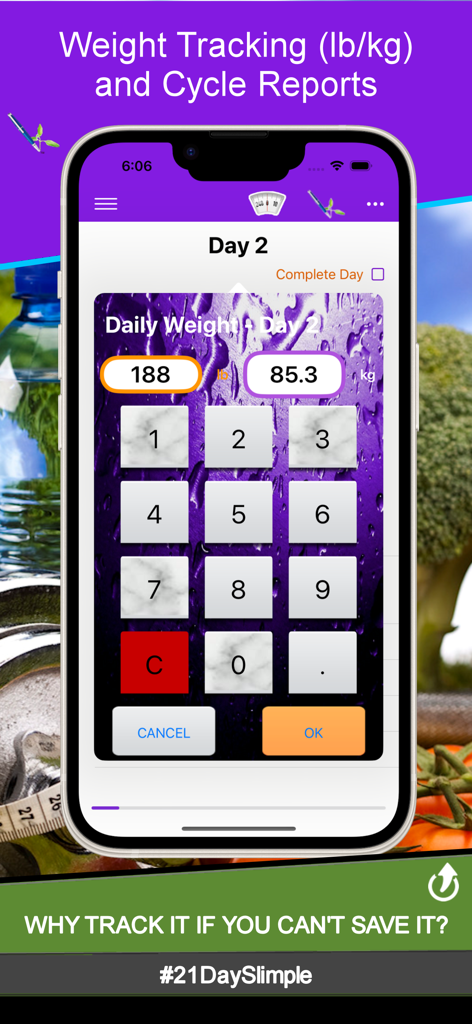 Una interfaz de aplicación móvil que muestra una pantalla de seguimiento de peso para el día 2 de un ciclo de fitness de 21 días con un teclado numérico y campos de entrada de peso en libras y kilogramos.