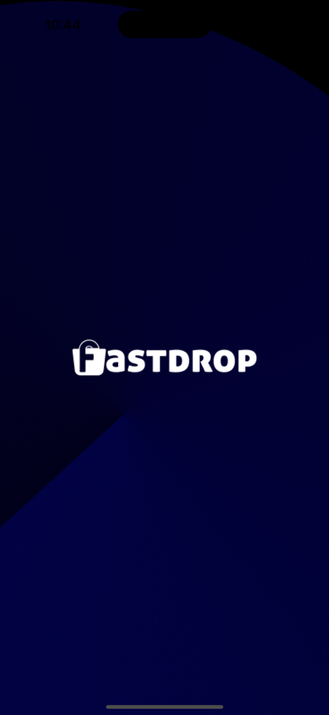 Pantalla de inicio de la aplicación FastDrop con el logo oficial y un icono de bolsa de compras sobre un fondo azul oscuro.
