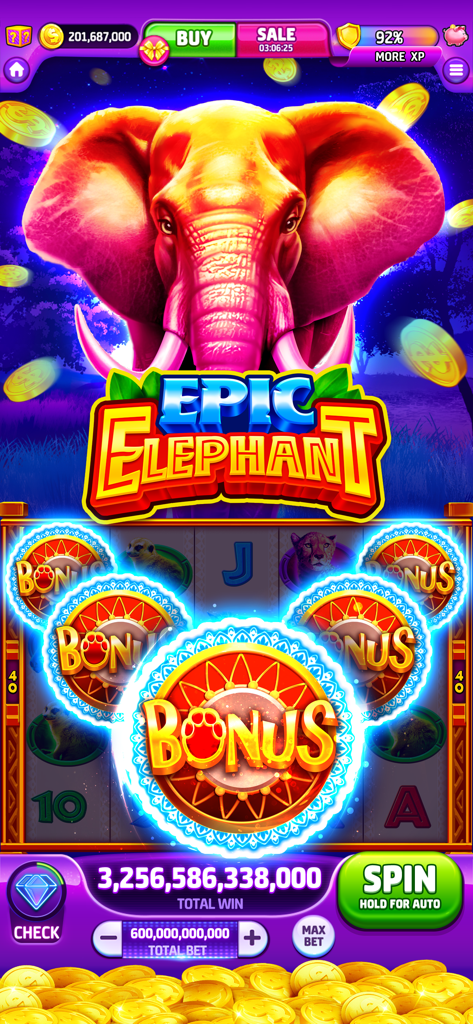 A vibrant mobile slot machine screen featuring a large pink elephant and glowing bonus symbols with a trillion coin win total.