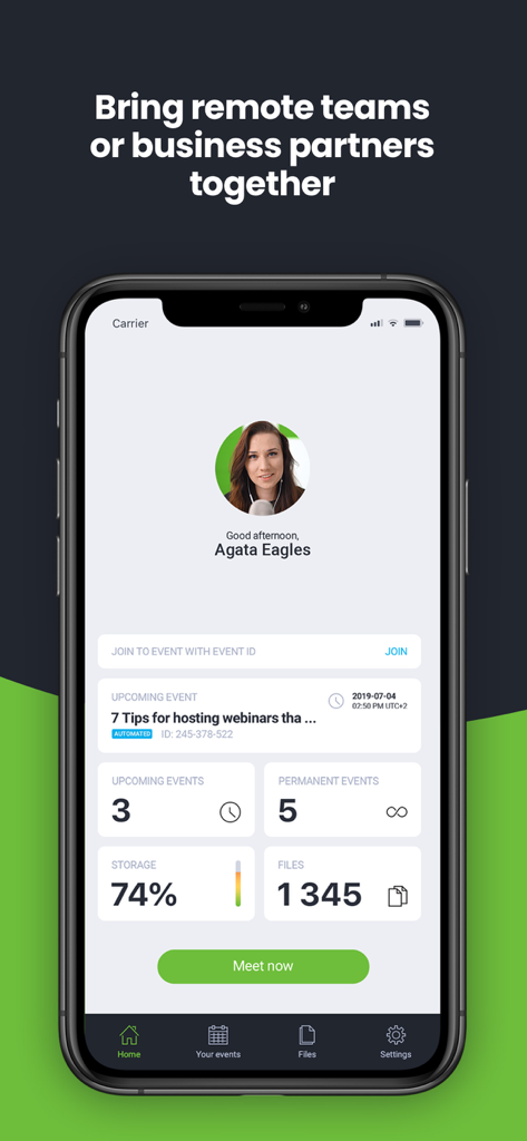 ClickMeeting Webinars Meetings - ClickMeeting app home screen showing upcoming webinars and event management stats on a mobile device.