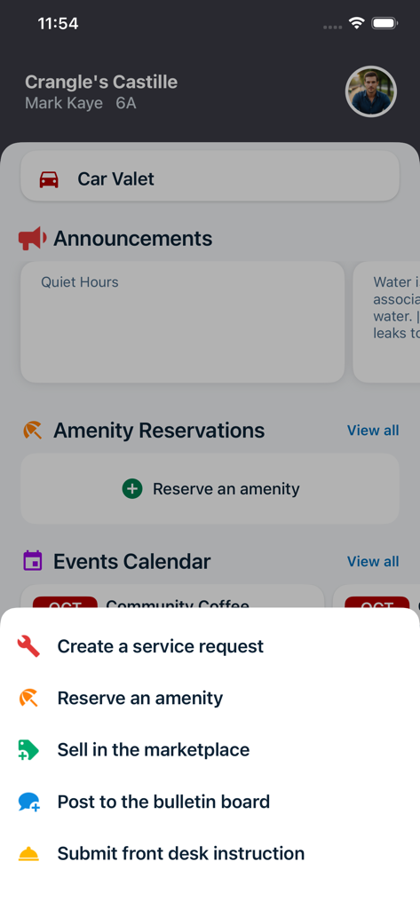 BuildingLink Resident App - Main dashboard of BuildingLink Resident App displaying residential services including valet, announcements, and an open action menu for service requests and amenity bookings.
