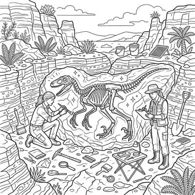 Journey back to the age of dinosaurs with this captivating Velociraptor paleontology coloring page. Watch as diligent scientists carefully unearth a magnificent Velociraptor fossil, revealing secrets of the prehistoric world.