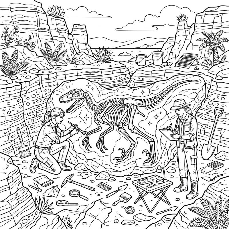 Journey back to the age of dinosaurs with this captivating Velociraptor paleontology coloring page. Watch as diligent scientists carefully unearth a magnificent Velociraptor fossil, revealing secrets of the prehistoric world.