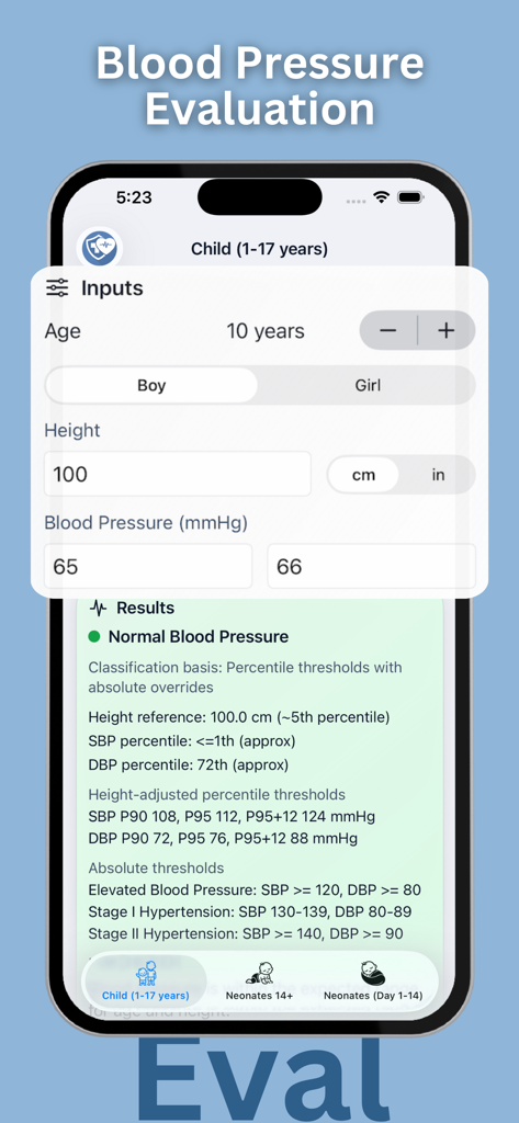 Blood Pressure: PediaBP - PediaBP app interface displaying blood pressure percentile calculation results for a child