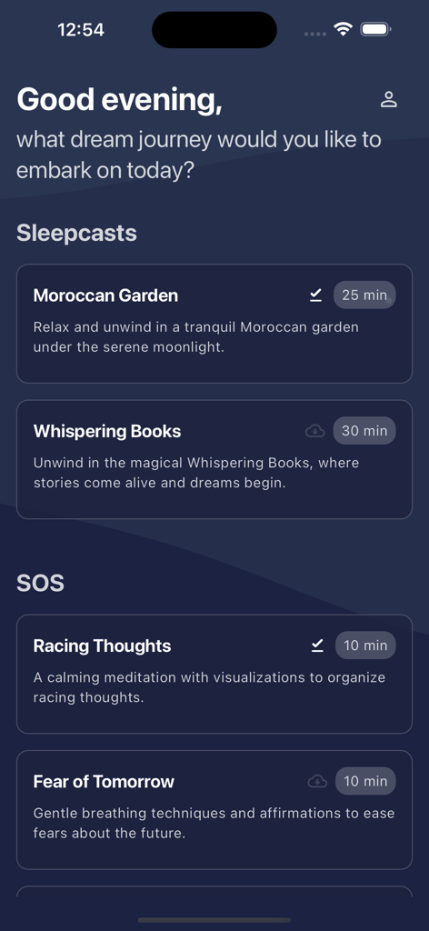Oberfläche der Snuz Schlaf- und Meditations-App mit Sleepcasts und SOS-Meditationskategorien