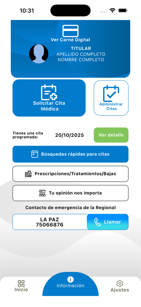 CSBP Movil app home screen displaying options for medical appointments and digital insurance card.