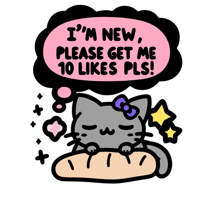 kitty taking a nap dream talking and saying "i'm new, please get me at least 10 likes pls!!"