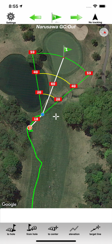 Satellite view of a golf course hole with yardage markers and distance tracking in the Golf Shot Navi app