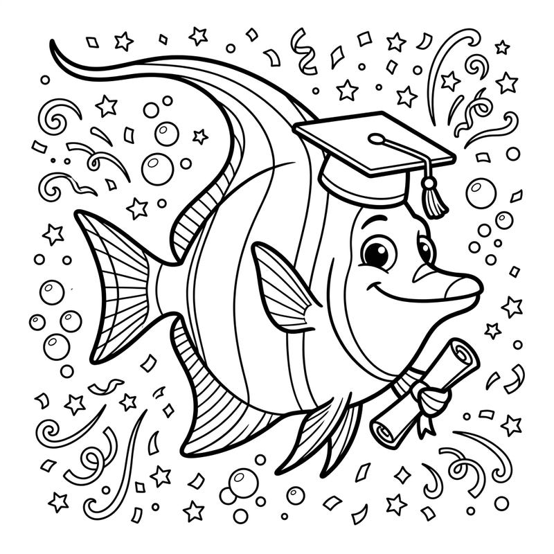 Commemorate academic achievements with this delightful coloring page featuring a Moorish Idol fish ready for graduation. Adorned with a cap and diploma, this design perfectly blends ocean charm with celebratory cheer.