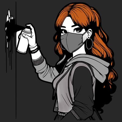 realistic girl with mask spray painting a wall