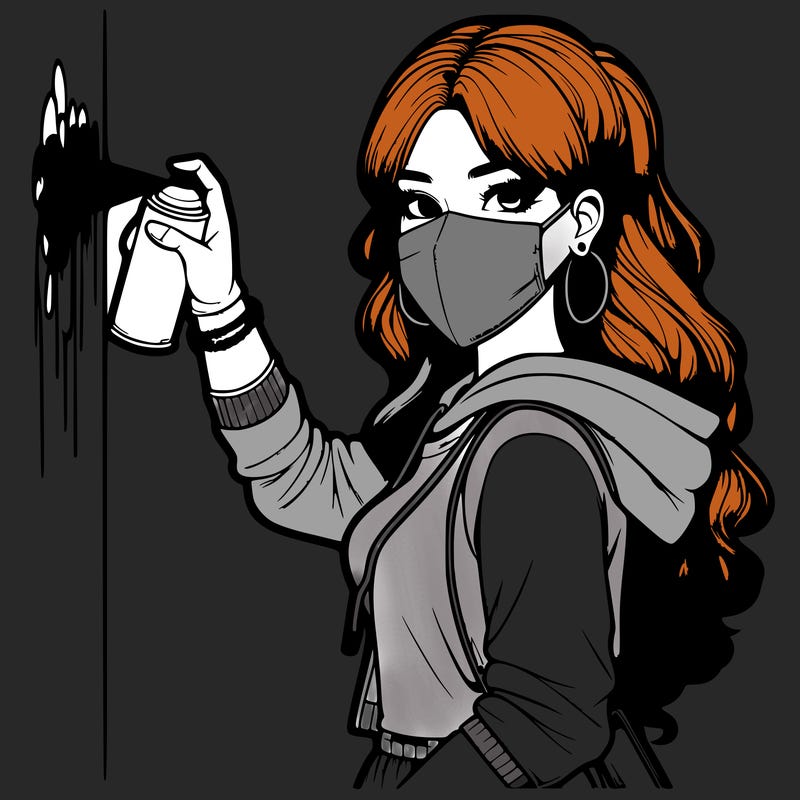 realistic girl with mask spray painting a wall