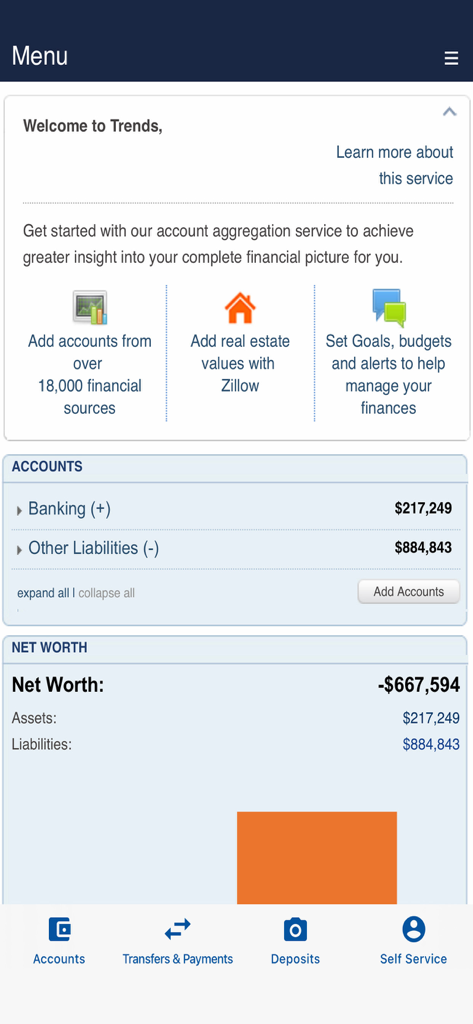 BFSFCU - Panel de control de la aplicación de banca móvil BFSFCU que muestra el resumen de patrimonio neto, activos y pasivos