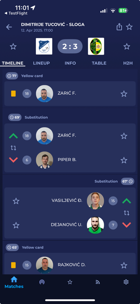 A screenshot of the FSS Live app showing a match timeline with live events including player substitutions and yellow cards for a Serbian football game.