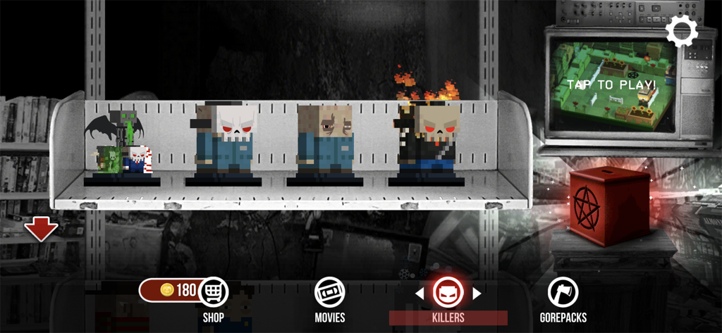 Pantalla de selección de personajes en Slayaway Camp que muestra asesinos de bloques voxel en un estante.