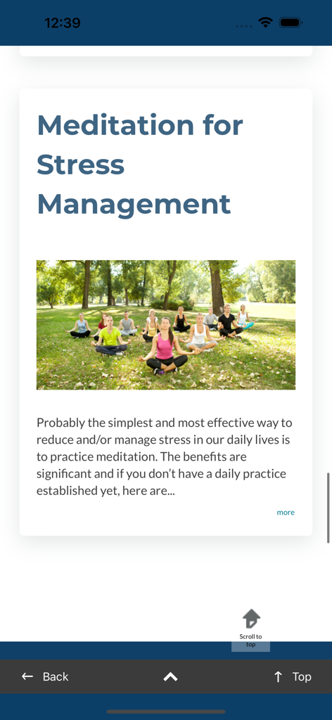 CircleWellness - Meditation for stress management article on the CircleWellness app showing a group of people meditating in a park