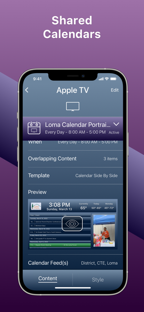 DigiBoard Remote - Mobile app screen for setting up shared calendars on digital signage with a live preview